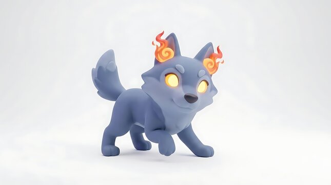 A cute stylized blue wolf-like creature with glowing yellow eyes and fiery orange ears on a white background.
