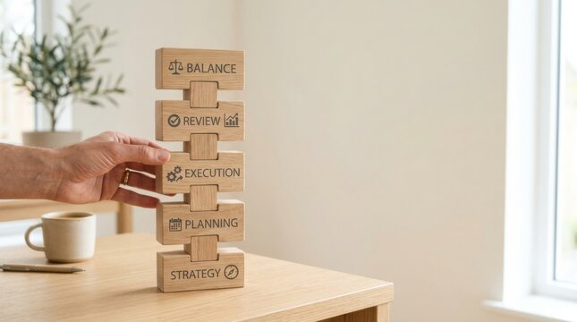 Individual placing a block amongst a stack of wooden blocks symbolizing growth, stability, and strategic development