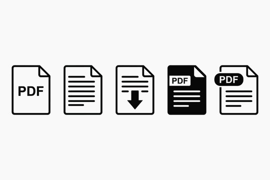 PDF file icon set. Document, download and filled format symbols in outline and solid line art style