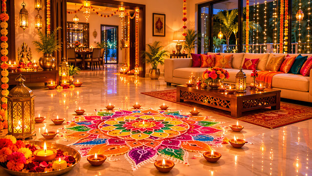 Beautiful Diwali home decoration with colorful rangoli patterns and glowing diya oil lamps in a luxurious living room, generative AI