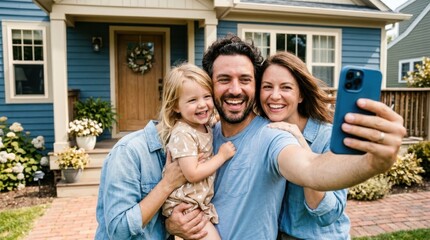 Fototapeta premium Happy family taking a selfie in front of their suburban home on a sunny day