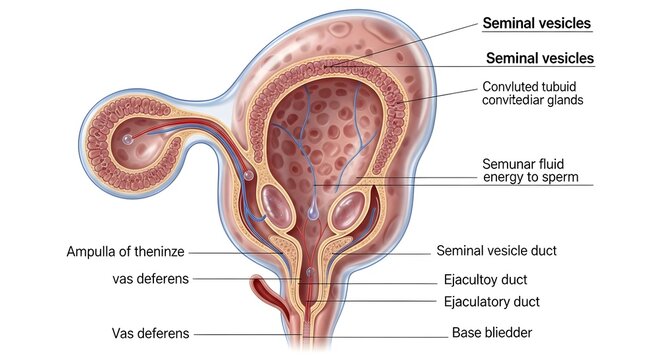 Seminal vesicles and male reproductive duct system medical illustration showing paired glands, vas deferens, ampulla, ejaculatory ducts and their connection to the base of the bladder, labeled for edu