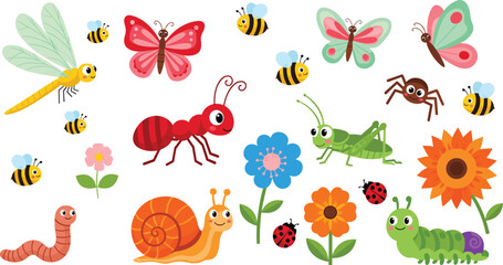 Cute Garden Bug and Insect Vector Element Set with Cartoon Butterfly, Ant, Snail, Bees, Caterpillar, and Colorful Flowers for Kids Learning Designs © Ismail