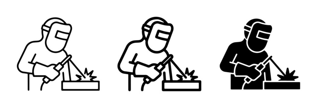 Welder Icon Set, Metalworking Professional, Industrial Craftsmanship, Safety Gear, Sparks Flying, Vector Graphics