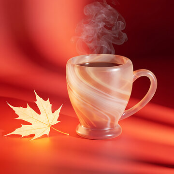 Luminous coffee mug emitting soft steam next to a glowing maple leaf, rich warm terracotta and amber background, soft shadows, high-end 3D product photography style