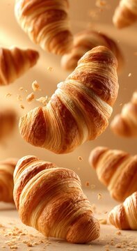 Golden croissants float mid-air, flaky and inviting