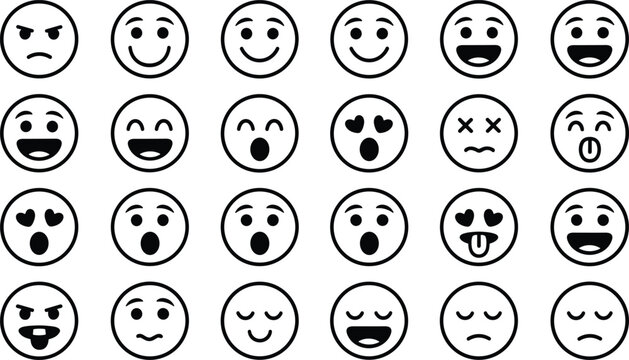Emoticon faces with multiple expressions in circular outlines, vector illustration of cartoon artwork design elements for emotion communication