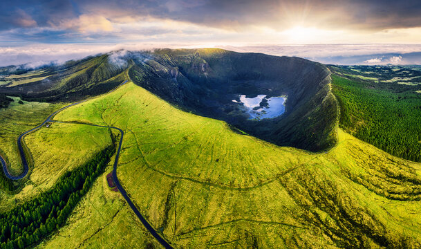 Volcano crater landscape with lake at sunset,  Calderia do Faial, Faial island, Azores, Portugal