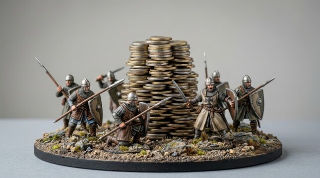 Medieval battle scene miniature hand painted viking warriors defending a treasure hoard tabletop wargaming