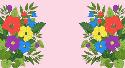 Colorful floral border on pink background for greeting cards © bahri