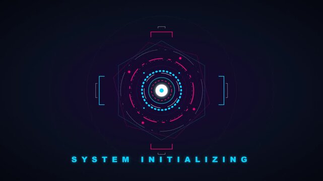 A futuristic system initializing graphic appears on a dark screen with neon lights.