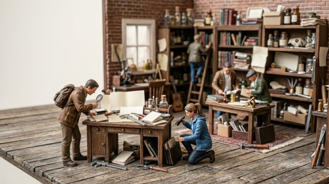 Intricate miniature detective agency scene tiny figures in detailed 19th century office setting