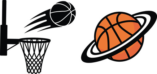Basketball hoop silhouette with flying ball and planet Saturn basketball design, vector illustration of sports artwork creative elements © MstMostarina