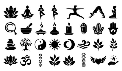 Obraz premium Meditation and yoga icon collection black filled vector set