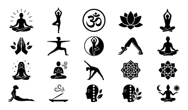 Yoga meditation icon bundle black filled wellness vector illustration