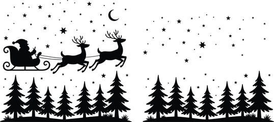 Christmas Santa sleigh with reindeer flying over pine forest night sky, vector illustration of festive holiday artwork design elements © MstMostarina