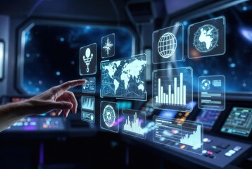 Fototapeta premium Human hand interacts with a futuristic holographic data interface in a command center