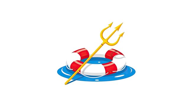 Nautical lifebuoy icon with golden trident and water ripples.