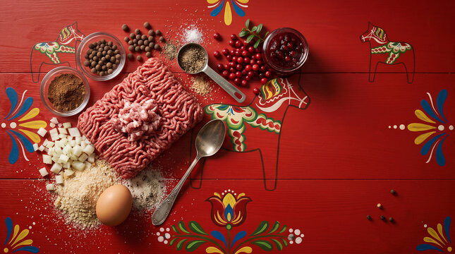 Flat lay of Swedish Meatball ingredients on Dala horse wood, copy space
