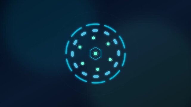 Glowing blue circular pattern with dots and lines on dark background