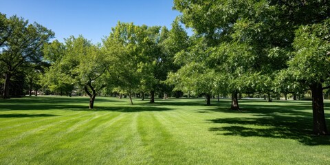 Fototapeta premium The Park Lawn With Sunlit Trees and Striped Mowing Patterns on Green Grass