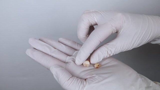 Pediatric dentist in white gloves holding extracted primary milk teeth. Concept of deciduous tooth loss, dental extraction procedure and childhood healthcare.