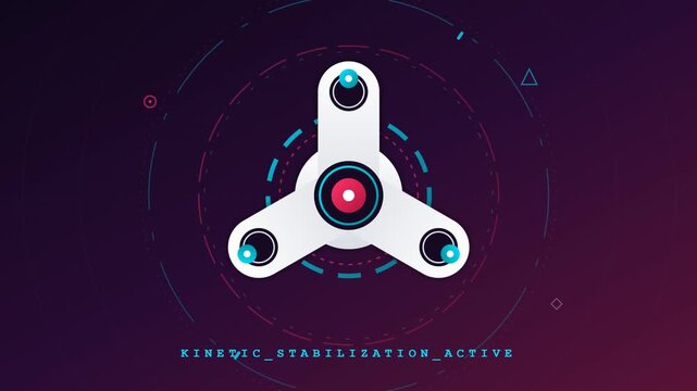 A futuristic white fidget spinner with glowing blue bearings rotates on a dark purple background with neon lines.