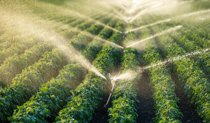 Automatic Crop Irrigation on Potato Farm During Golden Hour © Dusan Kostic