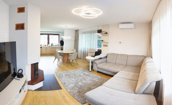 A contemporary living room interior design mock-up featuring vibrant decorative accents