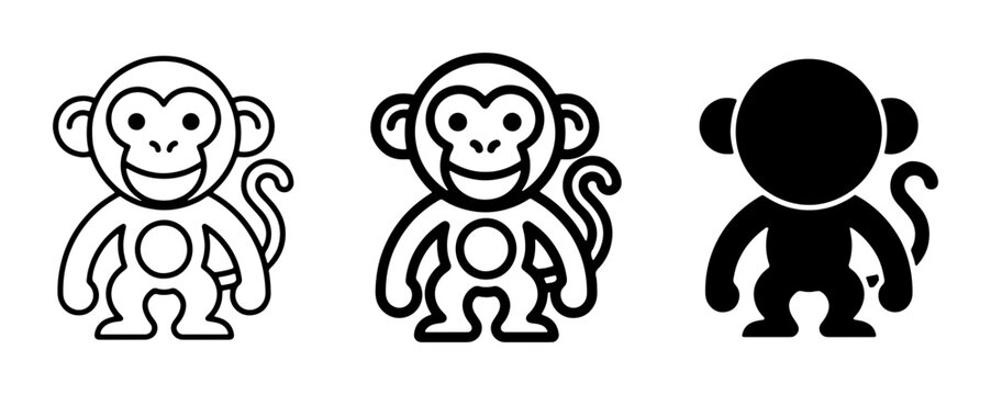 Cute Monkey Icons, Simple Vector Graphics, Playful Primate Illustrations, Black and White Cartoon Characters