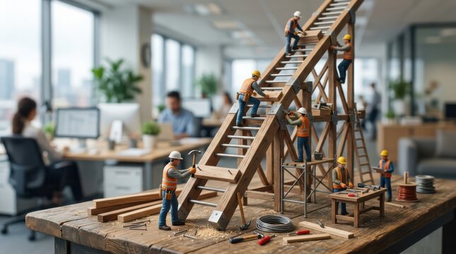 Miniature construction site tiny workers building a wooden staircase in office setting