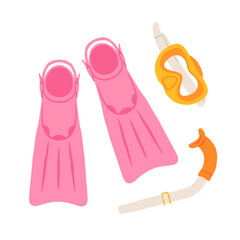 Obraz premium Hand drawn snorkeling set, diving fins, scuba mask, snorkel tube, underwater swimming gear, summer beach water sport collection vector