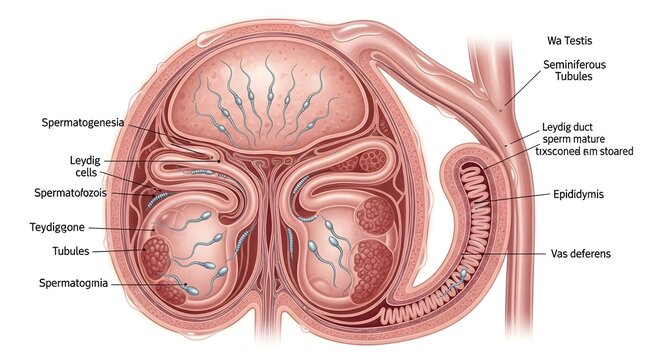 Microscopic Anatomy of the Testis: Section Showing Seminiferous Tubules, Spermatogonia and Spermatids, Sertoli and Leydig Cells, Rete Testis, Epididymis and Vas Deferens for Understanding Male Gamete 