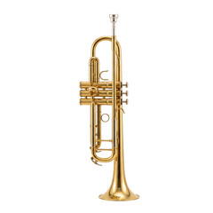 Fototapeta premium A shiny gold trumpet standing upright on a plain white background Photo realistic image background removed. png