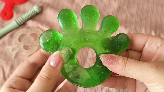 Teether with water inside for teeth for children in women's hands. Teething in babies