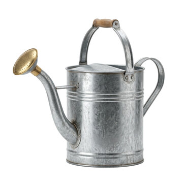 A rustic metal watering can with a wooden handle on a white background Photo realistic image background removed. png