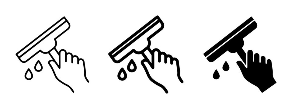 Hand Holding Squeegee, Cleaning Window Icon Set, Water Droplets, Simple Vector Graphics for Cleaning Services