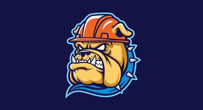 Fierce bulldog mascot with spiked collar, wearing a firefighter helmet