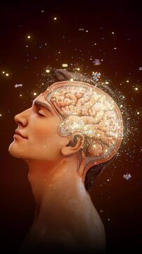 Conceptual 3D animation of a happy man with visible brain and happiness molecules