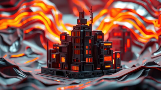 Futuristic cityscape rises from dark waves. Glowing orange lights illuminate complex structures. Dramatic lighting creates intense visual impact.