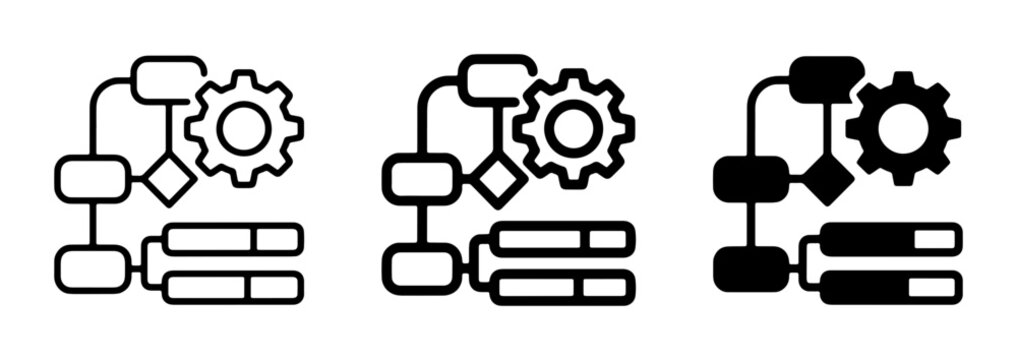 Process Flowchart Icons Set, Workflow Diagram Symbols, Business Logic Flowcharts, Gear Cog Mechanism Icons, Data Flow Charts, Algorithm Steps, System Design Elements