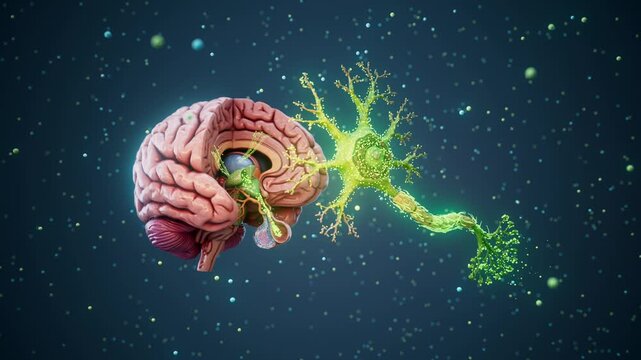 Conceptual 3D animation of the brain generating dopamine molecules in the pituitary gland