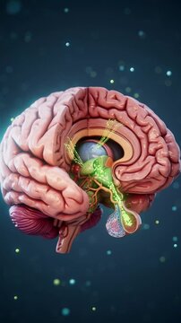 Conceptual 3D animation of the brain generating dopamine molecules in the pituitary gland