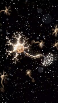 Conceptual 3D animation of a neuron with floating molecules