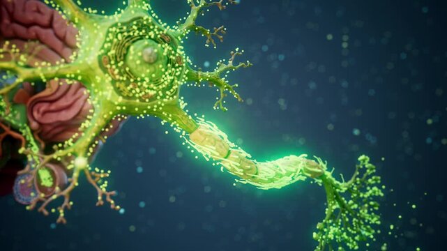 Conceptual 3D animation of the brain generating dopamine molecules in the pituitary gland
