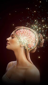 Conceptual 3D animation of a happy woman with visible brain and happiness molecules