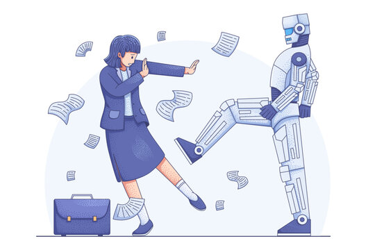 A human worker was fired from his job and replaced by an AI robot,depicted by the AI robot kicking the human worker.this represents the efficiency of the company, the negative impact of AI to Human.