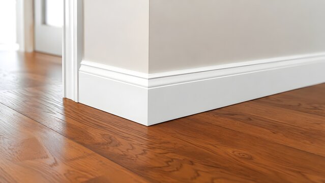 Clean white baseboard trim with wooden floor in modern empty room interior home renovation flooring installation and minimalist house maintenance background