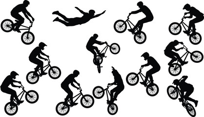 Fototapeta premium Collection of BMX freestyle rider silhouettes performing airborne bicycle tricks and extreme stunt actions isolated background
