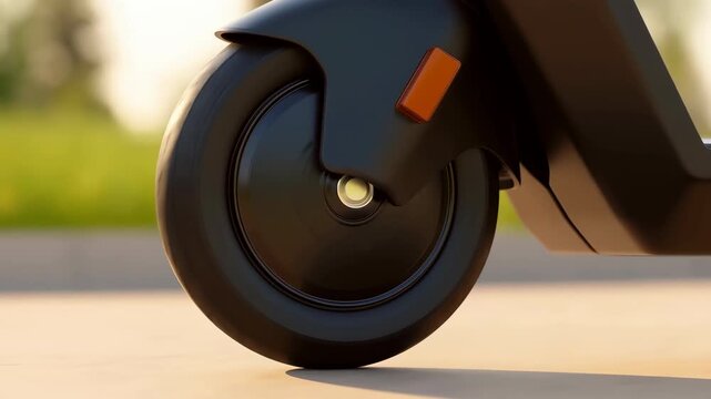 Close-up of an electric scooter wheel parked outdoors